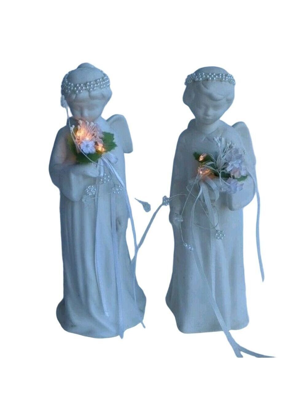 Vintage 1990‎ Lighted Bouquet 11" Ceramic Angels Set Of 2.